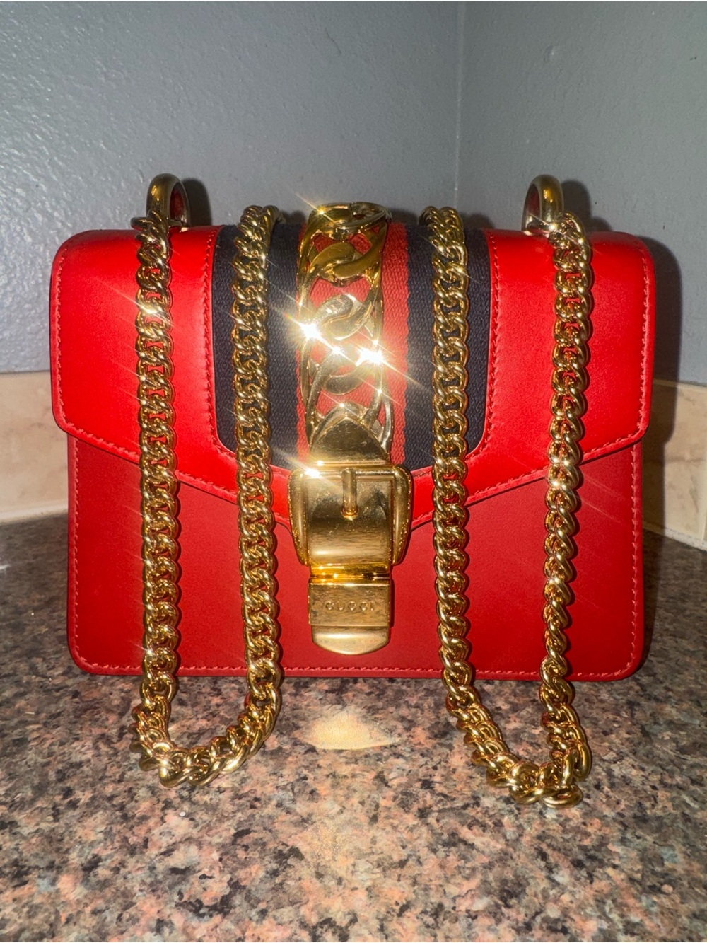 Gucci Sylvie Chain Bag in Hibiscus Red calf skin Leather. ✅AUTHENTIC✅ - Picture 1 of 14